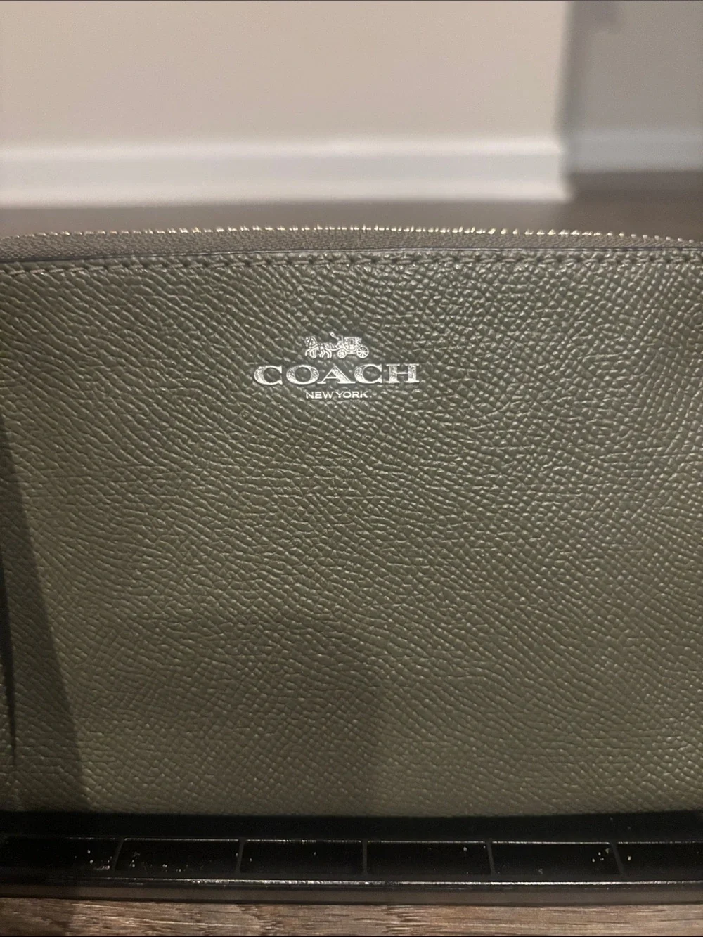 Coach Olive Green Pebbled Leather Wristlet with Silver Logo